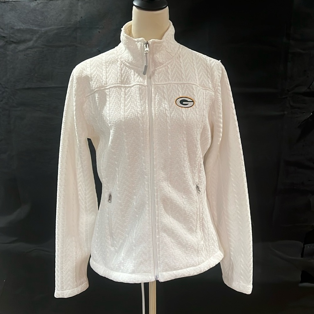 Green Bay Packer, light dressy sweater jacket. Bought at Lambeau.